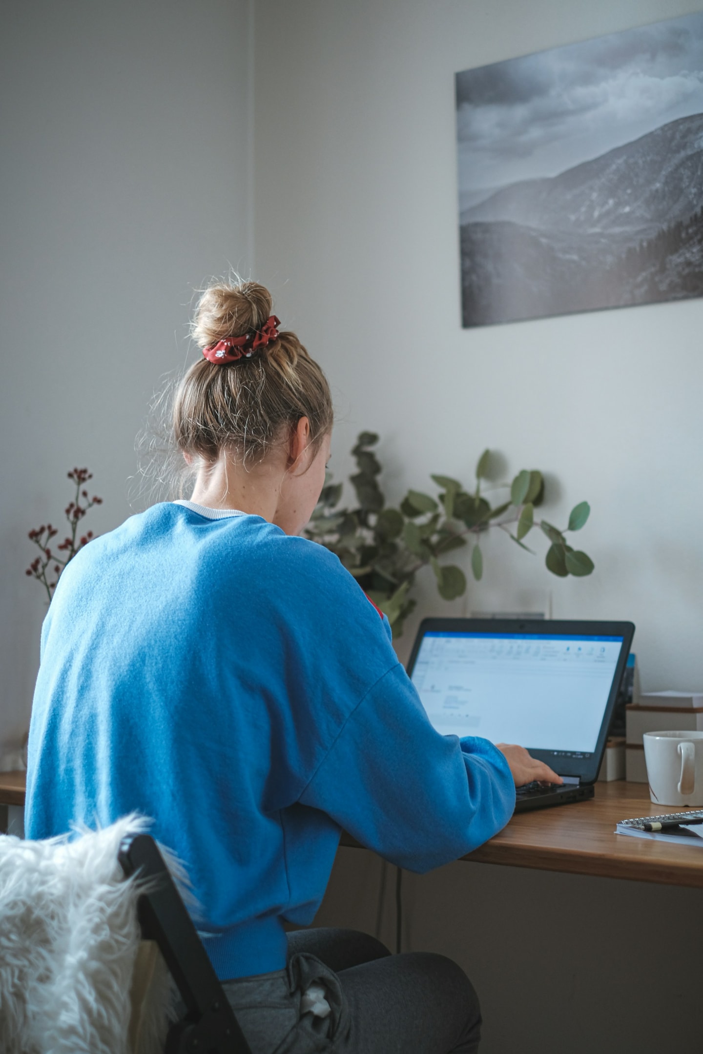 A stock image of a woman with a messy bun and a blue sweatshirt sitting at a laptop. Her back is to the camera. The image is to illustrate the topic of this article: how to get paid to write essays.