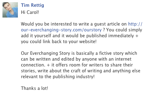 Case Study 2 to demonstrate freelance writing scams (screenshot of a facebook message)