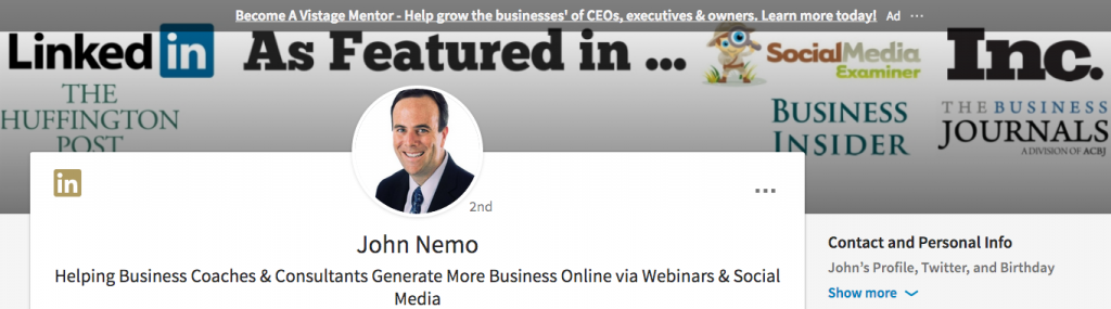 LinkedIn profile tips for freelancers - John Nemo's header