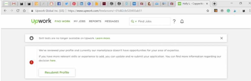 Upwork jobs: application rejection message